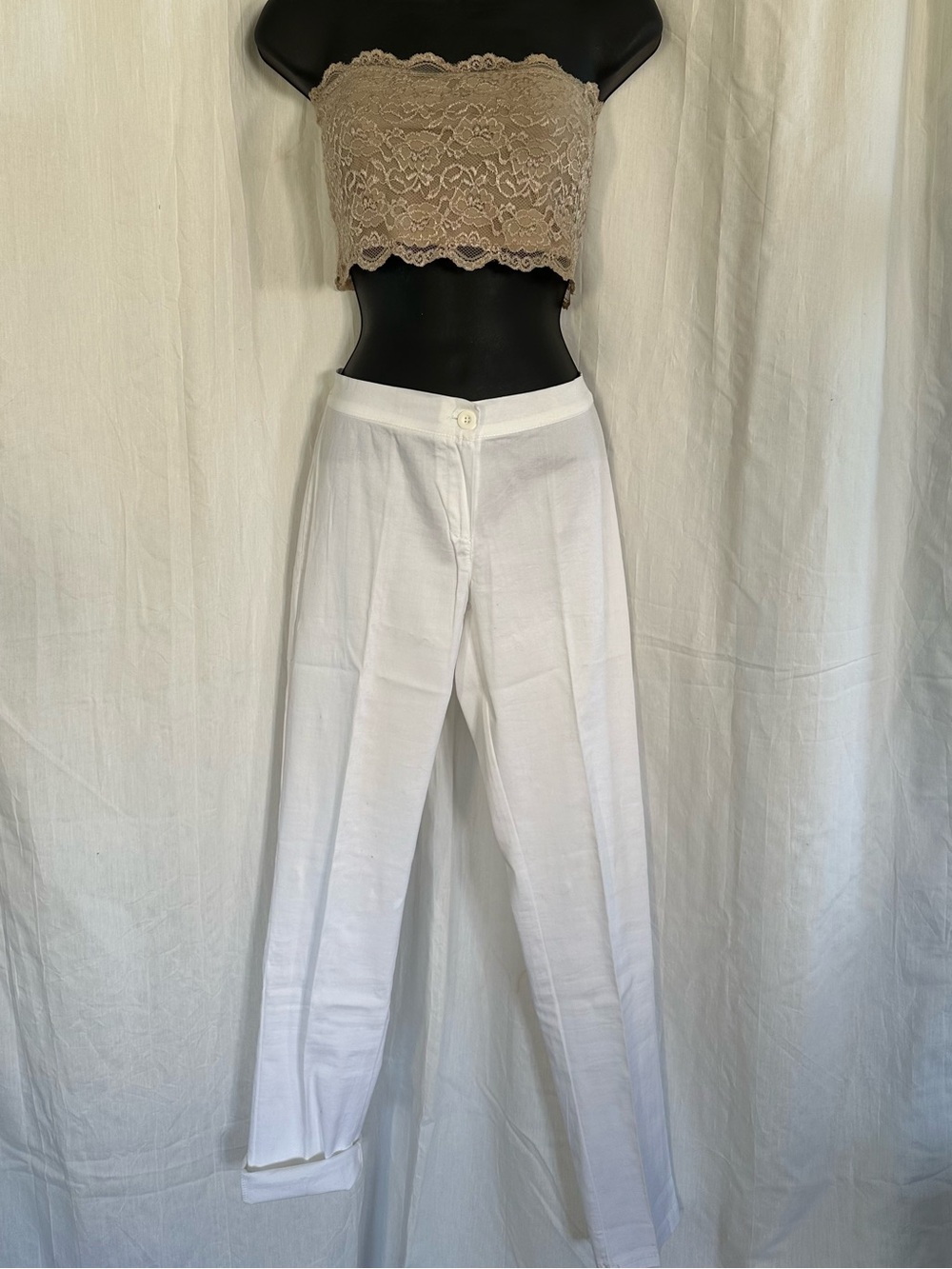 Italian Made White and Blue Straight-Leg Cotton Trousers